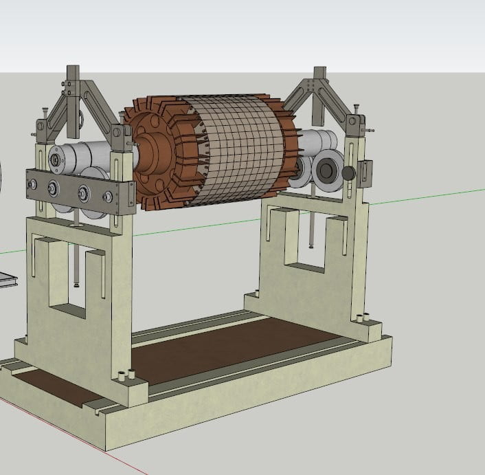 Elektromotorrotor op een dynamische balanceermachine met steunlagers en sensoren voor trillingsanalyse